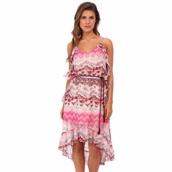 NEW LAmade 100% Silk Hi Low Ruffle Dress Tribal Print XS - Picture 3 of 12